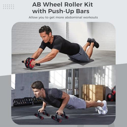 AB Wheel Roller Kit with Push-Up Bars, Knee Pads, Core Sliders, 4 in 1 Abdominal Core Workout Equipment Kit for Men Women Home Gym Exercise