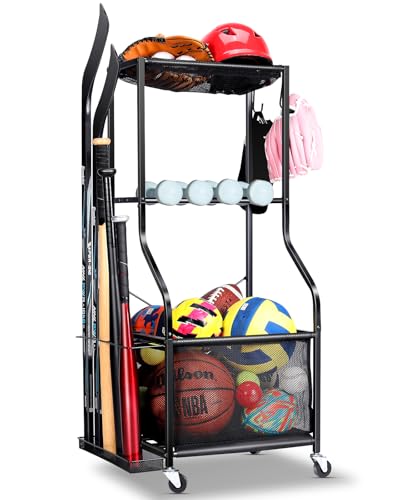 Sports Equipment Garage Organizer - Rolling Ball Storage with wheels, 3-Tier Sports gear Storage Rack Indoor & Outdoor Balls Cart with Hooks for Home, Garage (Black) - color: Black - Small