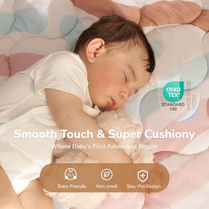 Momcozy Baby Play Mat for Floor, 50"x50" Thickened Playpen Mat, Playmate for Baby Tummy Time, Waterproof & Non-Slip, Foldable Outdoor Mat with Carrying Handle, Crayon