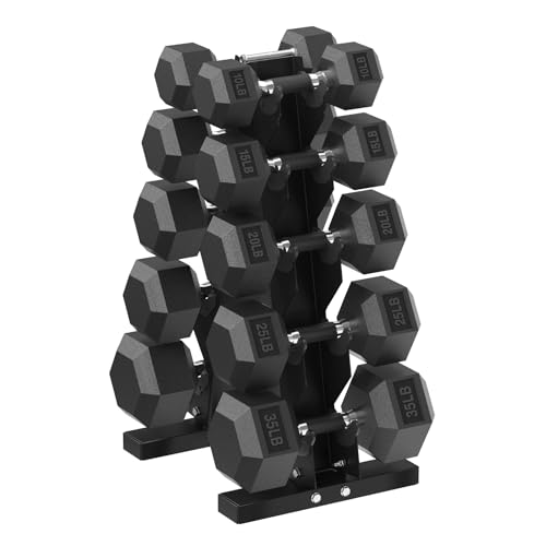 HANDBODE Hex Dumbbell Sets with Rack, 100-165 lb Rubber Encased Dumbbells for Strength Training, Exercise & Fitness, Home Gym Weight Set with Rack - style: 210 lb (10, 15, 20, 25, 35 lb) X 2 & Rack