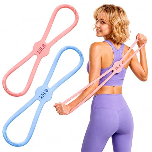 Figure 8 Resistance Bands, No-Foam Silicone 15 & 25 LB Set | No-foam washable silicone figure 8 bands for arms, back, glutes, Pilates, stretching, home workouts and travel