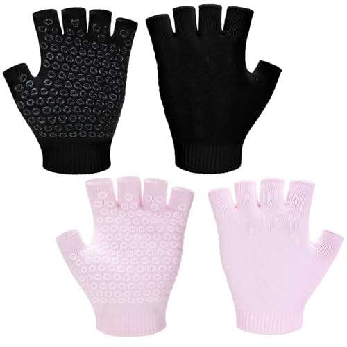 2 Pairs Non Slip Yoga Gloves for Women Fingerless Pilates Gloves with Grips for Yoga Fitness Workout Sports Exercise Gym - color: Black,Light Pink