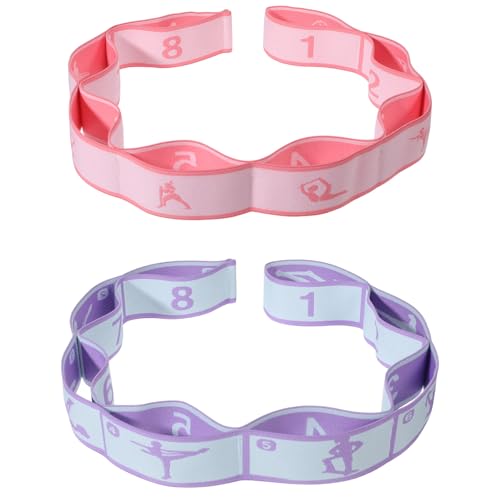 Adjustable Stretch Strap, 2 Pcs Elastic Yoga Stretching Strap with Loops 8-Loop Dance Stretch Band Stretching Bands for Flexibility Multi-Loop Exercise Bands for Pilates, Latin and Yoga