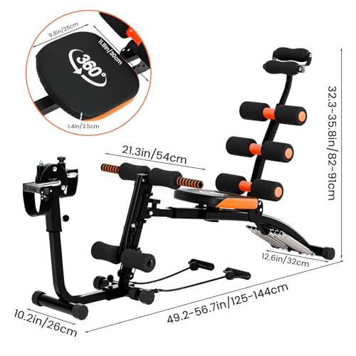 6 in 1 Ab Machine for Home Gym, Multi-Functional Adjustable Workout Bench with Leg Extension, 360° Twisting Seat, Pedal, Ab Crunch Machine for Total Body Workout