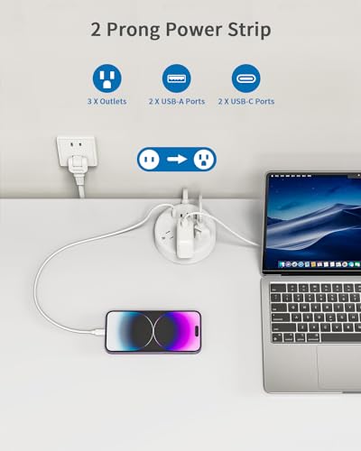 2 Prong Power Strip with USB-C, NTONPOWER 2 Prong Extension Cord 15 FT, 2 Prong to 3 Prong Outlet Adapter Rotating Plug, 3 AC Outlets 4 USB Port, Compact Power Strip Ideal for Old House, Travel, White - size: 15 ft