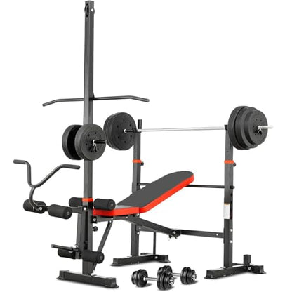 1500LB 8 IN 1 Olympic Weight Bench with Lat Pulldown and Leg Extension/Curl, Foldable Bench Press with Preacher Curl & Squat Rack, Workout Benches with Safety Bar Catches for Home Gym(US Stock)