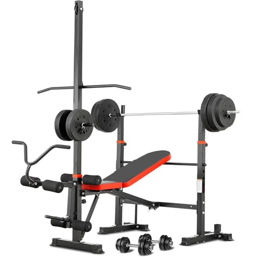 1500LB 8 IN 1 Olympic Weight Bench with Lat Pulldown and Leg Extension/Curl, Foldable Bench Press with Preacher Curl & Squat Rack, Workout Benches with Safety Bar Catches for Home Gym(US Stock)