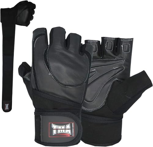 TMA Weight Lifting Gloves for Gym Workout – Cowhide Leather, Long Wrist Support with Anti Slip Palm Protection – Great Grip for Fitness, Bodybuilding, Powerlifting, Strength Training & Exercise - size: Small
