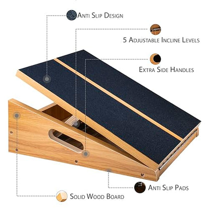 Professional Wooden Slant Board, 5 Positions Adjustable Slant Board for Calf Stretching Squats Incline Board and Calf Stretcher, Slant Squat Board for Knees Ankle Heel Feet Leg
