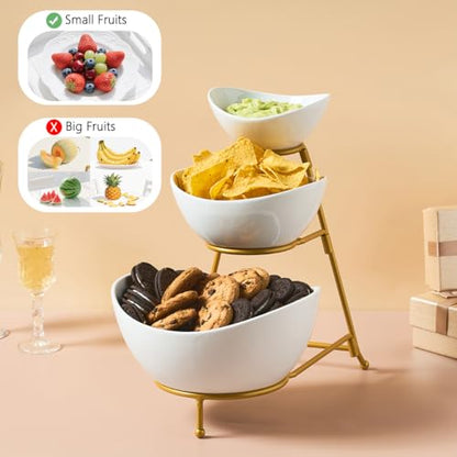 LYEOBOH 3 Tier Serving Bowls Set, Porcelain Oval Bowls with Stand for Party - color: Gold, style: Oval bowls
