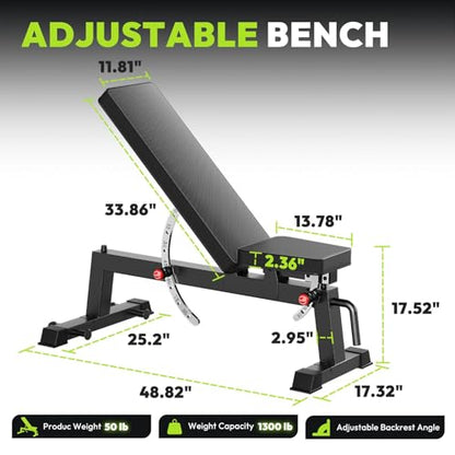 Adjustable Weight Bench for Full Body Workout, 1300 LBS Weight Capacity Bench Press Bench of Home Gym Strength Training, Incline Upright Flat Utility Workout Bench with Fast Adjustment