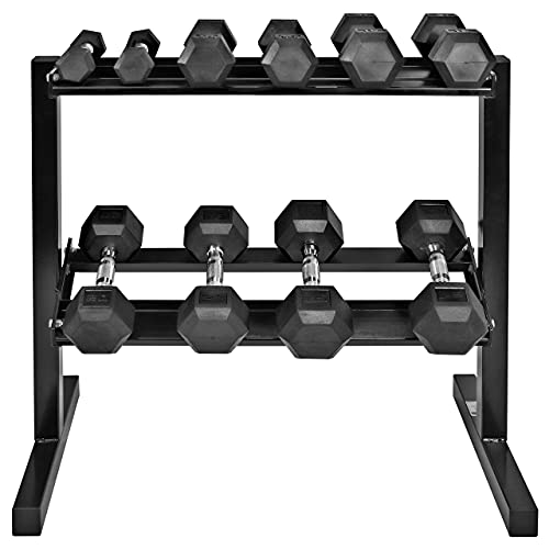 WF Athletic Supply Rubber Coated Hex Dumbbell Set with Two Tier Premium Storage Rack Built for Strength Building, Weight Loss & Home Gym – Multiple Sets Available - color: 5 - 25LB Set