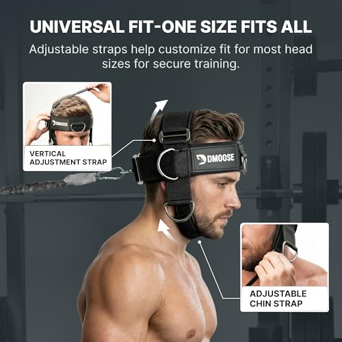 DMoose Fitness Neck Harness for Weight Lifting - Soft Padded Head & Chin Strap with 30" Heavy Duty Steel Chain - Neck Exerciser, Trainer & Strengthener to Support Injury Recovery and Intense Workouts - color: Black Plus