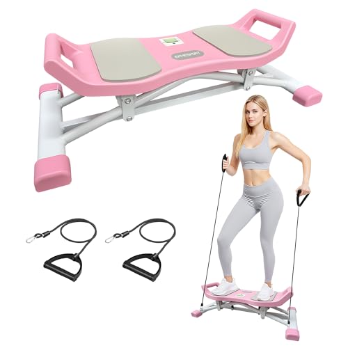 EPHESPORT Rocking Balance Board with Resistance Bands – Ski-Inspired Stepper for Core & Stability Training, LCD Monitor, 300 lbs Capacity, Wobble Fitness Trainer for Home Gym - color: Pink