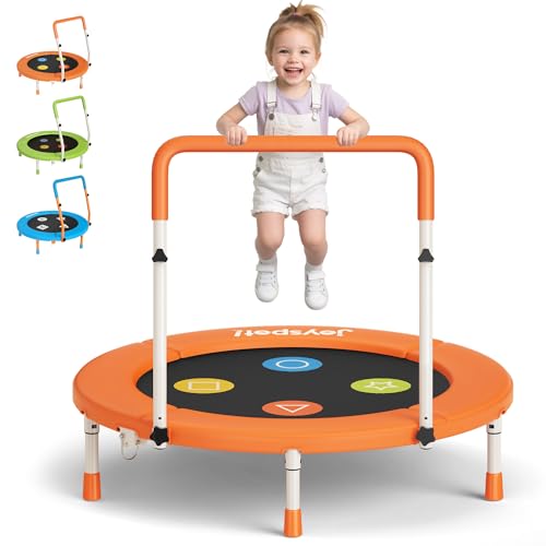 3FT Toddler Trampoline with Adjustable Handlebar, 36" Foldable & Spring-Free, Mini Kids Indoor Outdoor Trampoline for Ages 1-6, Noiseless Jumping Mat, Safe & Sturdy Design, Supports Up to 100 lbs - color: Orange