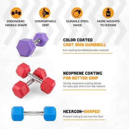 Portzon Weights Dumbbells Pink Colors Compatible with Set of 2 Neoprene/Rubber Dumbbells,1-15 LB, Anti-Slip, Anti-roll, Hex Shape - style: 10-Pounds,Pair