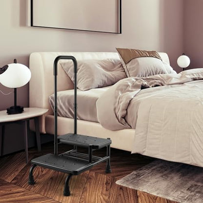 Step Stool with Handle, Non Slip Platform and Adjustable Handrail, Two Step Stool for Ederly, Adults and Handicap, Heavy Duty Foot Stool for High beds, Kitchen, Bathtub