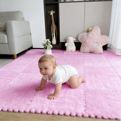 16 PCS Plush Interlocking Carpet Tiles, 0.6" Thick Soft Foam Floor Mat for Baby Crawling, Kids Playroom, Nursery, Bedroom, Living Room & Home Office, Non-Slip Puzzle Floor Tiles(11.8ft, Pink) - color: Pink