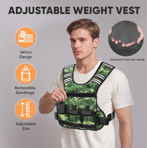 Adjustable Weighted Vest, 4-10lb/12-18lb/20-32lb Vest with 6 Ironsand Weights and Large Pocket, Weight Vest for Men Women Strength Training, Running, Walking - color: Green Digi Camo, size: 4-10lbs