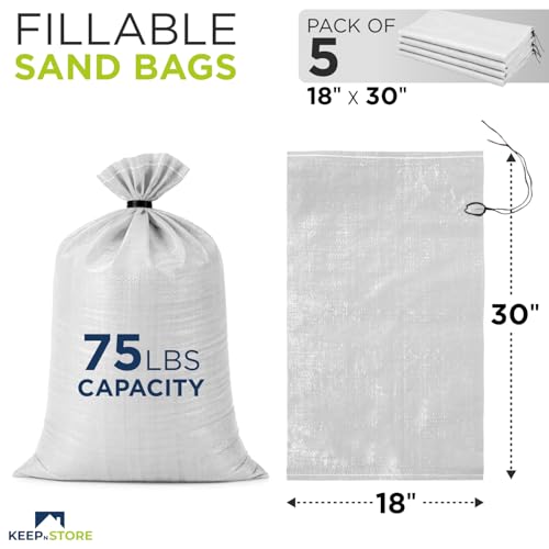 Heavy Duty Sand Bags Pack of 5, White Empty Sandbags with Built-In Ties, Woven Polypropylene UV Protection 1600 Hours, Fillable Bags for Flood Control, Weight, 18x30 inches, 75 Pounds Volume - color: White, size: 18"W x 30"L