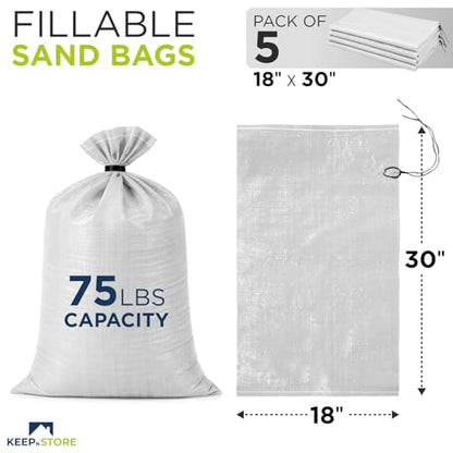 Heavy Duty Sand Bags Pack of 5, White Empty Sandbags with Built-In Ties, Woven Polypropylene UV Protection 1600 Hours, Fillable Bags for Flood Control, Weight, 18x30 inches, 75 Pounds Volume - color: White, size: 18"W x 30"L