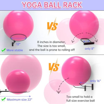 26" Exercise Ball Holder Wall Mount - Adjustable Yoga Ball Storage Rack for 14 to 30 Inch Stability Balls, Heavy-Duty Metal Balance Ball Wall Mount with 12-Inch Diameter Ring
