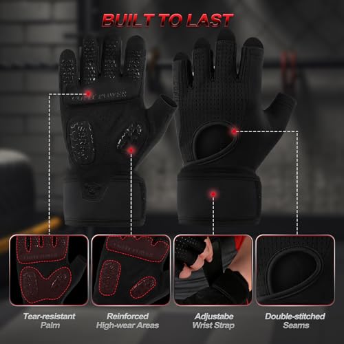 Weight Lifting Gloves for Men Women, Workout Gloves with Wrist Wrap Support, 5MM SBR Palm Padding, Half Finger Breathable Gym Gloves with Non-Slip Grip for Weightlifting, Training, Pull Ups - size: Medium