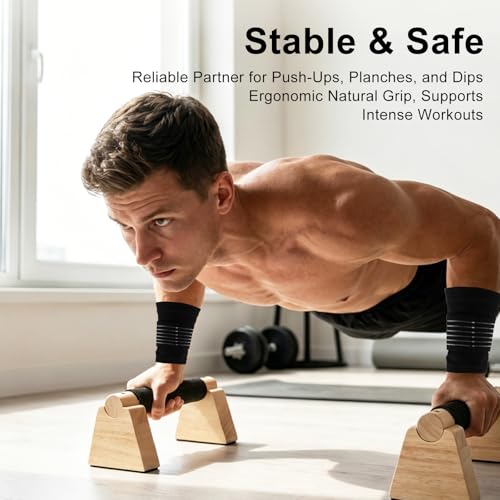 Parallettes Bars Push Up Stand, Wooden Calisthenics Equipment Set with Wrist Wraps, Handstand Trainer Push Up Handles for Men Home Gym with Non-Slip Base