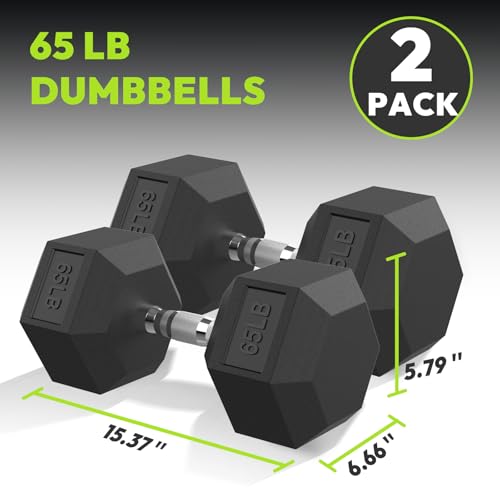 HANDBODE Hex Dumbbell Set, 2.5-65 lb Rubber Encased Exercise & Fitness Dumbbells, Weights Dumbbells Set of 2, Hand Weight for Strength Training - size: 65 lb, Pair, style: Chrome Handle