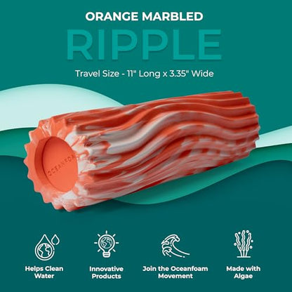 Ripple Travel Foam Roller (11" x 3.35") Firm Mini Foam Roller for Physical Therapy, Deep Tissue Massage, Back Pain - High Density, Ergonomic Wave Textured - Yoga, Exercise (Orange Marbled)