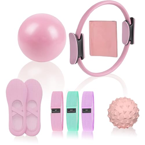 Pilates Essentials Kit for Women, Pilates Equipment, for Home Workouts with Ring and Ball Set, 3pcs Booty Bands, Yoga Bands for Stretching, Fascia Ball, Yoga Socks - color: pink