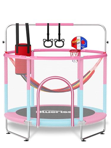 60" Trampoline for Kids 5FT Toddler Trampolines Indoor/Outdoor with Adjustable Gymnastics Bar & Safety Net, No-Gap Design, Anti-Rollover Bottom, Basketball Hoop, Gifts for Boys & Girls - color: Pink / Blue -1- 6-in-1