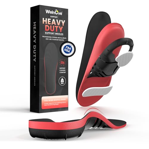 Plantar Fasciitis Insoles for Men Women - Welnove 220+ lbs Heavy Duty High Arch Support Insole - Orthotic Shoe Inserts for Heel Pain Flat Feet - Work Boot Cushion for Standing All Day (Black,S)