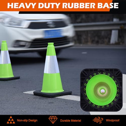 6 Pack 18 Inch Green Reflective Traffic Cones, Durable Black Base Safety Cones for Parking Lots, Sports Fields and Yard Markers (6, Green, 18 Inch)