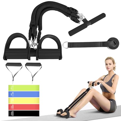 Upgrade Pedal Resistance Band, 4-Tube Elastic Sit Up Pull Rope for Men and Women,Pedal Puller for Strength Training,Foot Resistance Rope for Physical Therapy with 5Pcs Exercise Bands - color: Black
