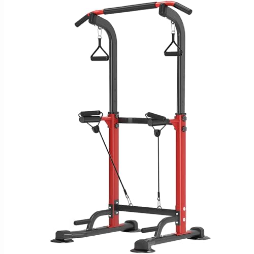 Power Tower Pull Up Bar,Pull-Up Rack Dip Station,Height Adjustable Multi-functional Home Strength Training Gym Equipment, Save Space,People Below 6 feet - color: Red