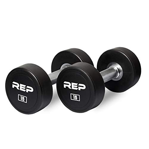 REP Fitness Urethane Coated Round Dumbbells, 5 to 100 lbs, Singles or Pairs, With or Without Rack, Steel Core, Rubber Encased, Chrome Handles, Professional Weights for Home Gym Strength Training - style: 15 lb Pair