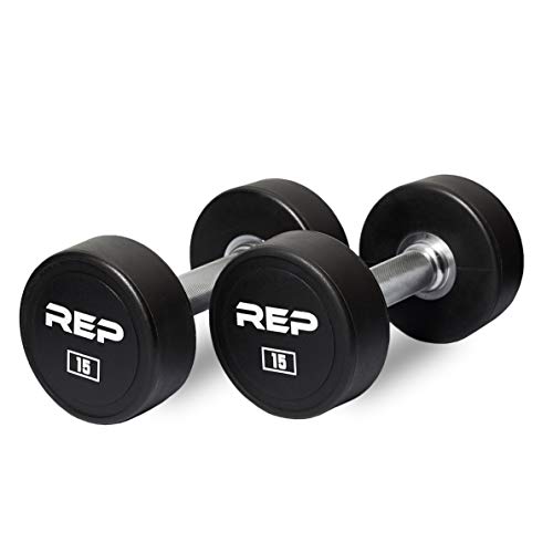 REP Fitness Urethane Coated Round Dumbbells, 5 to 100 lbs, Singles or Pairs, With or Without Rack, Steel Core, Rubber Encased, Chrome Handles, Professional Weights for Home Gym Strength Training - style: 15 lb Pair