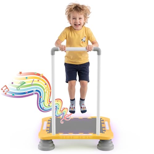 25" Toddler Trampoline with LED Lights & Music, Indoor Mini Kids Trampoline with Handlebar, Non-Slip Sensory Balance Training Bounce Board for Boy Girl Ages 3+, Safety Pad & 220 LBS Max Load