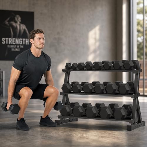 HANDBODE Hex Dumbbell Set with Rack, 300-840 lb Rubber Coated Fixed Weights Sets with Heavy Duty Storage Stand, Hexagon Shape, Multiple Weight Options Home Gym Equipment for Strength Training - style: 350 lb Set (10-50 lb) with Rack
