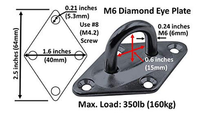 Heavy Duty Hammock Kits & Ceiling Hook Diamond Pad Eye Plates, 304 Stainless Steel & Black Zinc Galvanized Steel Corrosion Resistant, 2, 4 & 8 Packs - color: 8-Pack-Black-M6