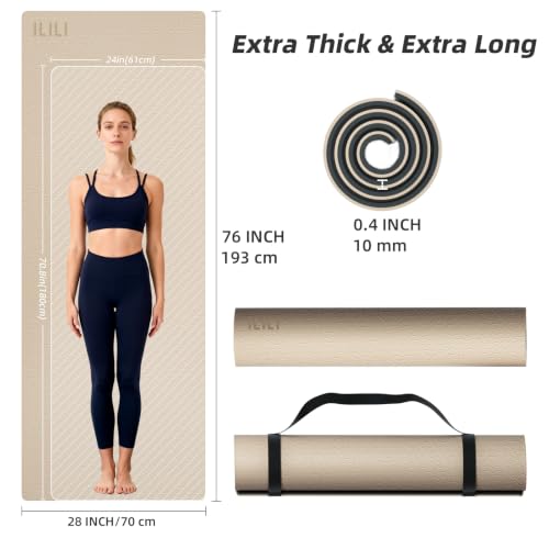 ILILI 10mm Extra Thick, TPE Yoga Mat, 76×28 Inch Extra Long, Carrying Strap - color: Beige+Black