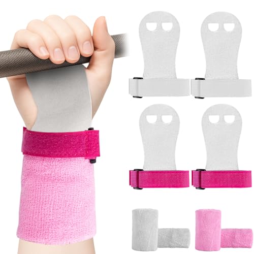 2 Pairs Gymnastics Hand Grips, Gymnastics Equipment for Kids, Gymnastics Wristbands Sets, Gymnastic Bar Grip Gloves and Gymnastics Wrist Support Sports Accessories for Workout Exercise - color: Pink, White