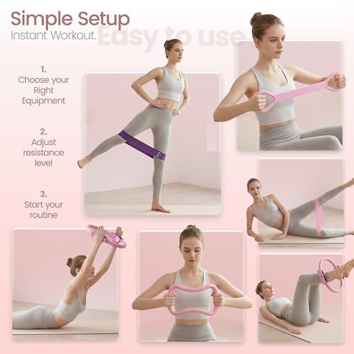 Pilates Equipment Kit 19 Piece, Home Pilates Workout Kit for Women, 14.5" Pilates Ring and Ball Set with Adjustable Ankle Wrist Weights, 5 Resistance Bands,Sliders & Grip Socks,Workout Guide Included