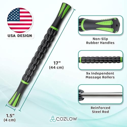 Muscle Roller Stick - Black Green - Hand Held Body Massager with 9 Rollers & Non-Slip Handles - Deep Tissue Massage & Maximum Muscle Recovery - Leg, Back, Arm, Thigh, Butt Sculpting Tool - by Cozlow