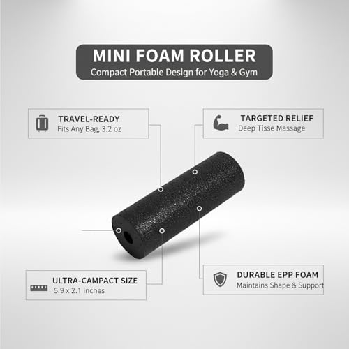 Mini Foam Roller for Travel & Gym - Compact EPP Roller for Yoga, Calves & Feet - Lightweight Hollow Design, 5.9 x 2.1 Inches, Black