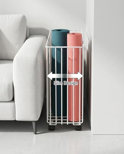 Yoga Mat Storage Rack Basket with Wheels – Home Gym Organizer for Small Apartment & Workout Corner – Slim Metal Rolling Cart Holder for Foam Rollers, Resistance Bands & Exercise(White)