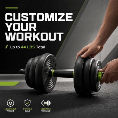 Adjustable Dumbbell Set 44LB, 4-in-1 Free Weight Set with Barbell & Kettlebell & Push-Up Handles, Compact All-in-One Home Gym for Men & Women, Anti-Slip Grip, Quiet Rubber-Coated Plates