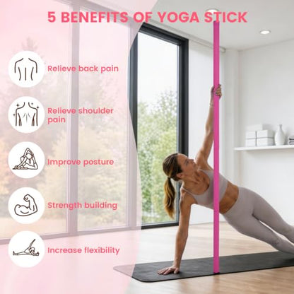 Yoga Stick Sturdy Steel, 5 Ft Adjustable Stretching Stick for Mobility, Flexibility and Balance, Versatile Exercise Stick with Non-Slip Ends and Foam Handles for Fitness, and Posture - color: pink