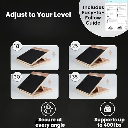 14″ Wide Premium Portable Wooden Slant Board, Thicker Bottom – Professional Adjustable Calf Stretching, Beginner & Rehab Friendly, Exercise Guide and Bonus Muscle Roller, Squats, Physical Therapy